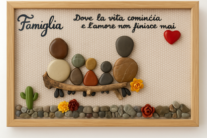 Famiglia - Quadro Artigianale con pietre naturali, legno e cera