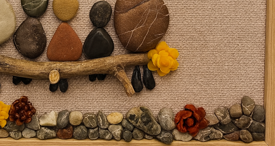 Famiglia - Quadro Artigianale con pietre naturali, legno e cera